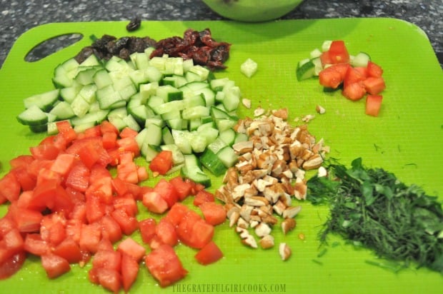 Vegetables are chopped and cut, ready to make lemon herb couscous salad.