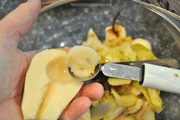 Pears are peeled and core is removed before canning.