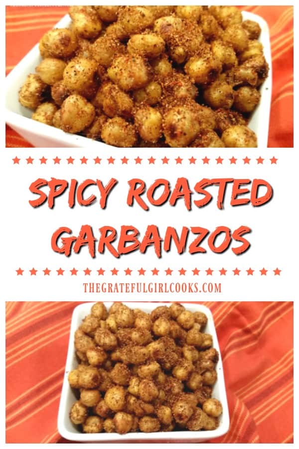 Looking for an easy, healthy, crunchy snack? You've got to try these spicy roasted garbanzos (chickpeas)! They're a little bit sweet, and a little bit spicy!