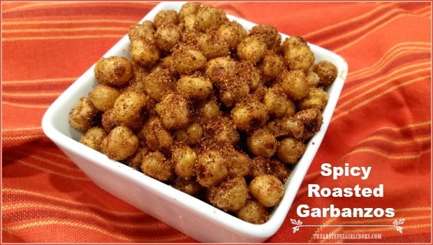 Looking for an easy, healthy, crunchy snack? You've got to try these spicy roasted garbanzos (chickpeas)! They're a little bit sweet, and a little bit spicy!