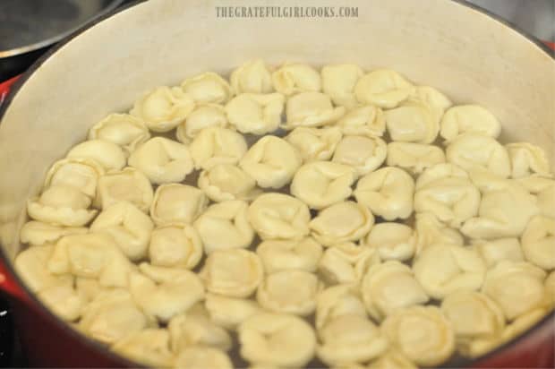 Tortellini boiling in water, for tortellini bacon & peas skillet.