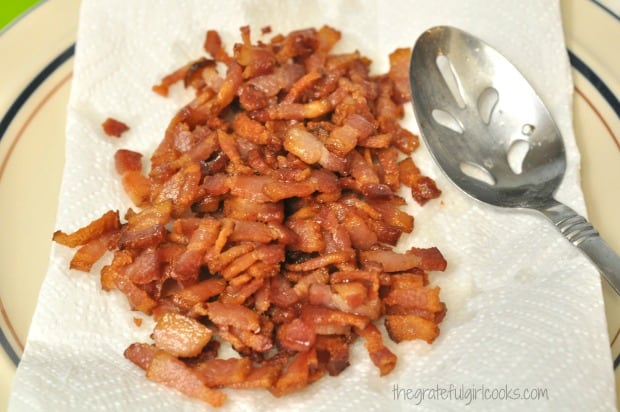 Bacon is cooked until crumbly and drained before adding it to tortellini.