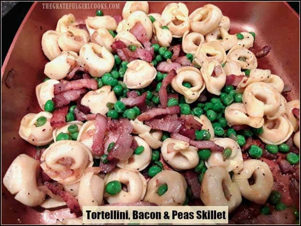 Tortellini Bacon & Peas Skillet is a simple, quick dish to make in about 20 minutes! Seasoned with onions, Italian spices and Parmesan, it's a delicious meal!