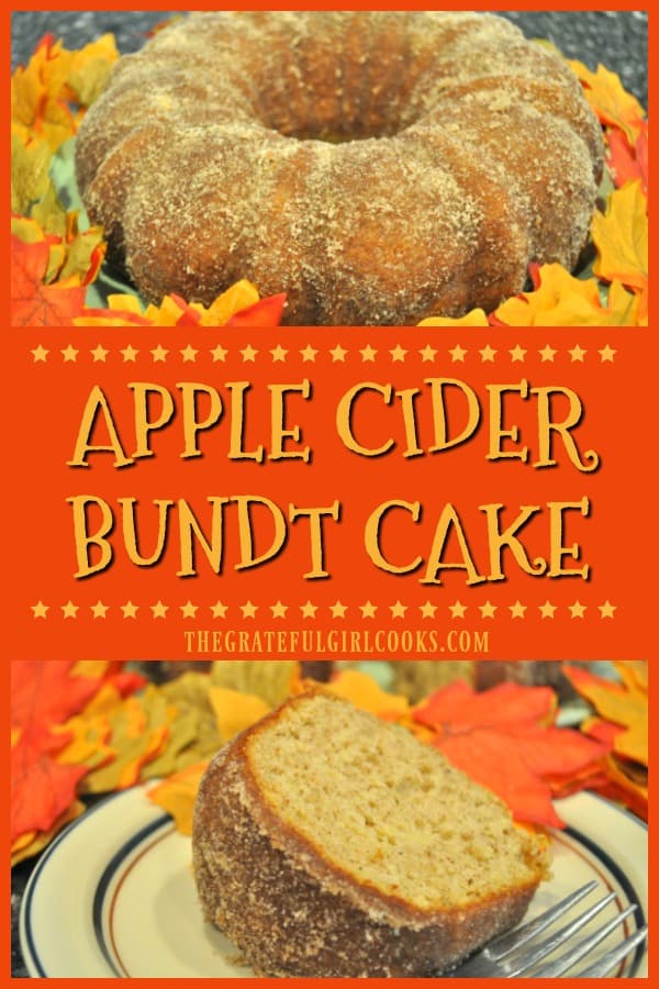 You'll love Apple Cider Bundt Cake! It's an easy, delicious Fall dessert or coffeecake with cider, grated apples, cinnamon, nutmeg & a cinnamon sugar topping.