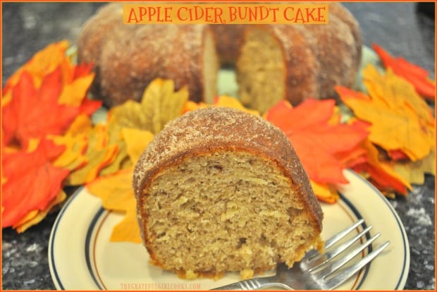 You'll love Apple Cider Bundt Cake! It's an easy, yummy Fall dessert or coffeecake with cider, grated apples, cinnamon, nutmeg & a cinnamon sugar topping.