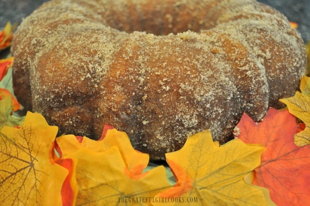 Apple cider bundt cake side view, with Fall leaves in front.