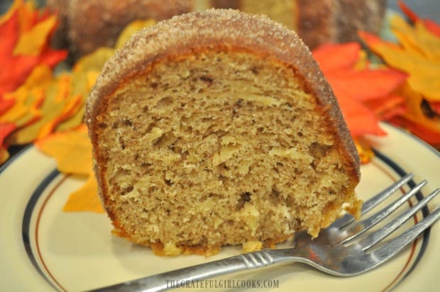 A slice of apple cider bundt cake on plate, with Fall leaves in background.