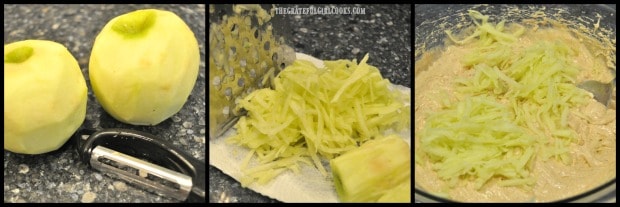 Apples are peeled, then coarsely shredded for apple cider bundt cake.