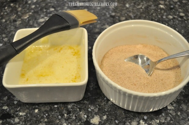 Melted butter and cinnamon sugar topping is ready to add to baked apple cider bundt cake.