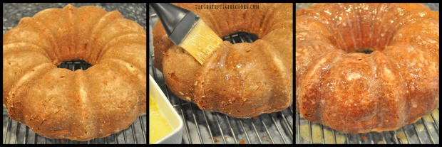 Apple cider bundt cake is removed from pan, then is completely covered with melted butter.