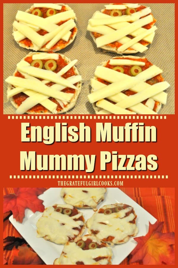 English Muffin Mummy Pizzas are a perfect Halloween treat for kids (or adults)! They're cute, yummy, and VERY EASY to make, with only a few ingredients!