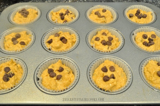 Batter for pumpkin chocolate chip muffins is divided into 12 muffin tins.