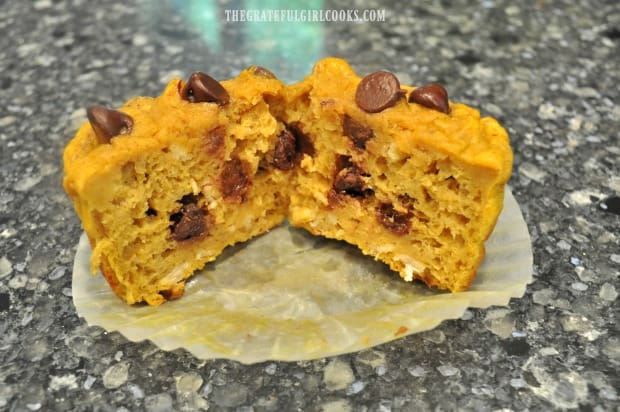 A look at the inside of one of the pumpkin chocolate chip muffins.