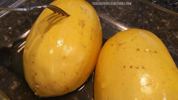 When done cooking, the spaghetti squash can easily be pierced with a fork.
