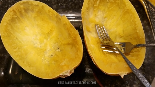 All of the spaghetti squash strands have been removed from the squash shells.