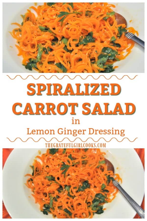 Spiralized Carrot Salad in Lemon Ginger Dressing is a delicious, fresh veggie side dish! It is easy to make, using a vegetable peeler OR spiralizer!