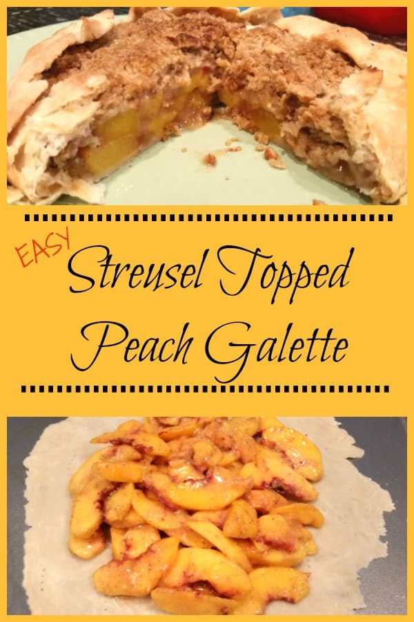 It's EASY to make this streusel topped peach galette, featuring fresh peach and cinnamon filling, a buttery crumb topping, all in a free form, flaky pie crust!