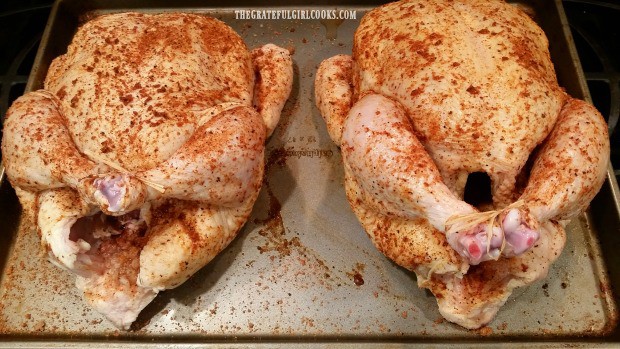Two whole chickens with spice rub and legs tied , ready to be roasted on Traeger grill.