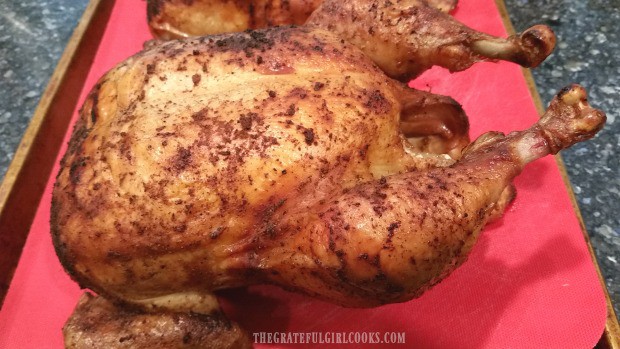 The skin on a Traeger roasted chicken gets nice and crispy!