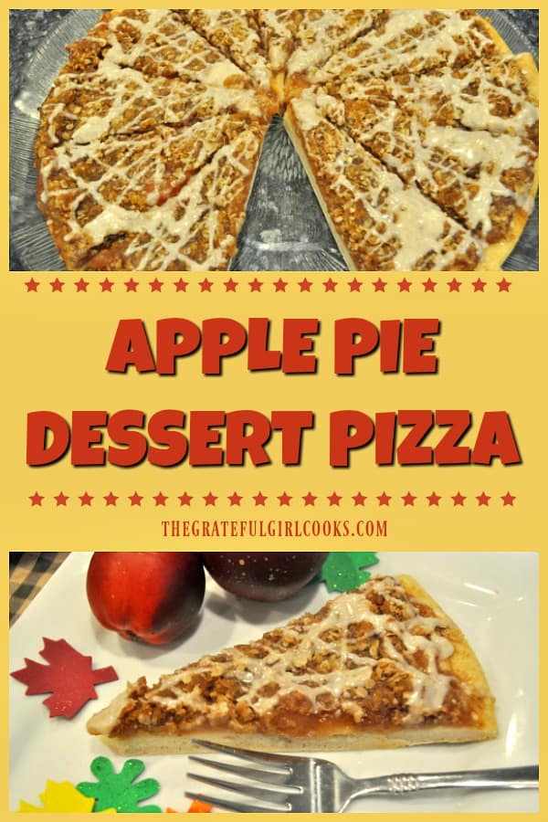 Apple pie dessert pizza features a thin pizza crust, topped with apple pie filling, a brown sugar and oats streusel topping, drizzled with cinnamon icing. YUM!