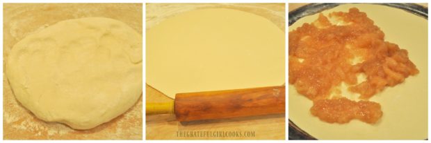 Pizza dough is rolled into circle, then topped with apple pie filling for dessert pizza.