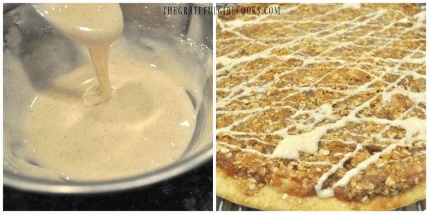 Cinnamon icing is made, then drizzled onto the apple pie dessert pizza.