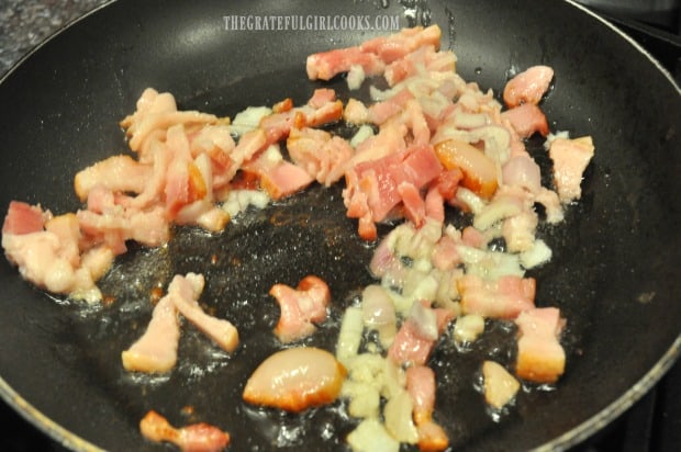 Cooking the bacon in a skillet for the Southwestern bacon quiche.