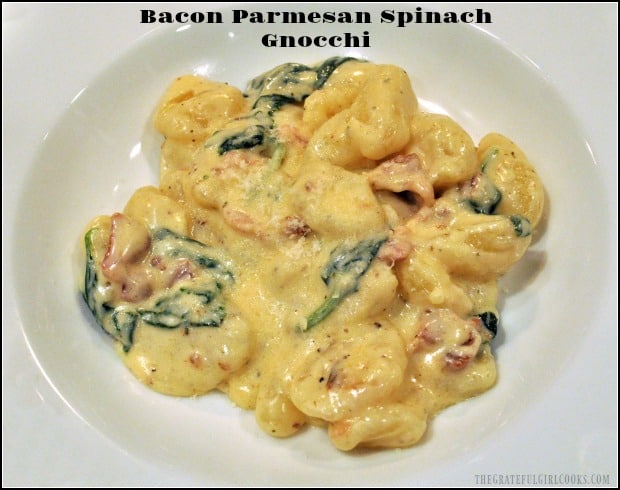 Bacon Parmesan Spinach Gnocchi in a creamy Alfredo sauce, is a simple, delicious Italian comfort food dish that can be ready to eat in about 20 minutes!