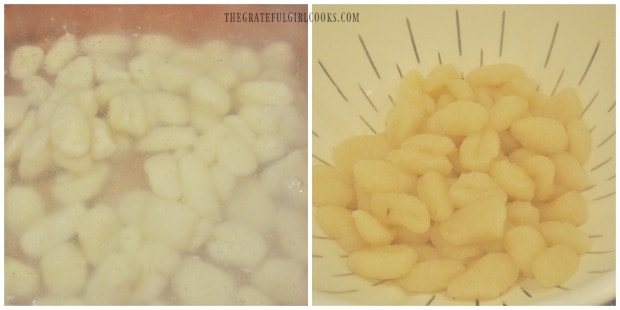 Gnocchi for the bacon parmesan spinach gnocchi has cooked and then is drained.