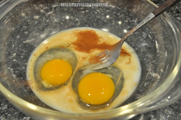 Eggs, milk, vanilla and cinnamon are mixed to make classic french toast.