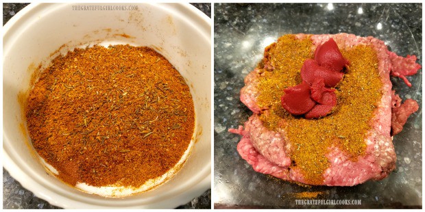 Blending spices and ground beef to make Moroccan Meatball Couscous Soup.