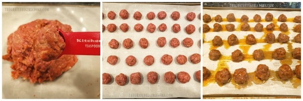 Forming meatballs and baking them for Moroccan meatball couscous soup.