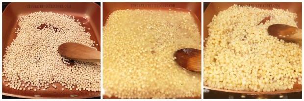 Toasting then cooking Israeli couscous for Moroccan meatball couscous soup.