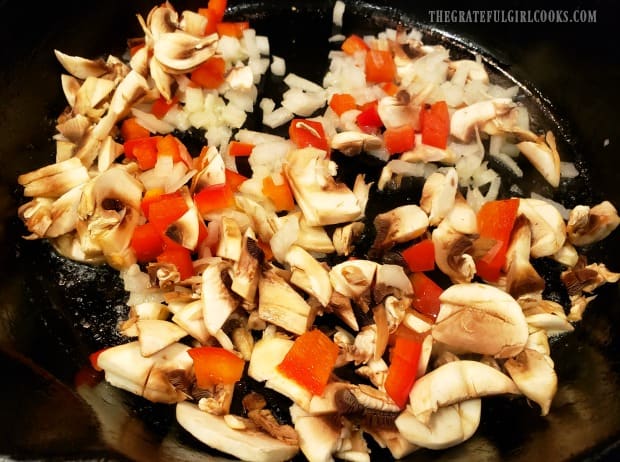 Cooking onions, peppers and mushrooms for Southwestern bacon quiche.