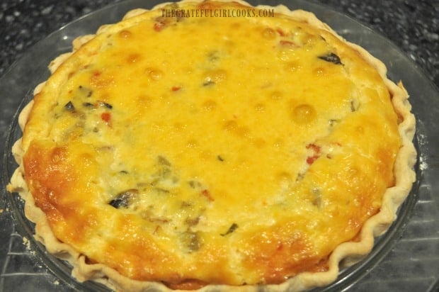 Southwestern bacon quiche, right out of the oven, and puffy.