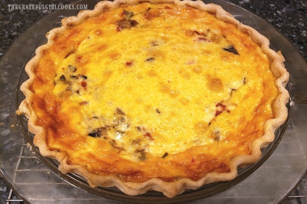 Southwestern bacon quiche in pie pan after baking.
