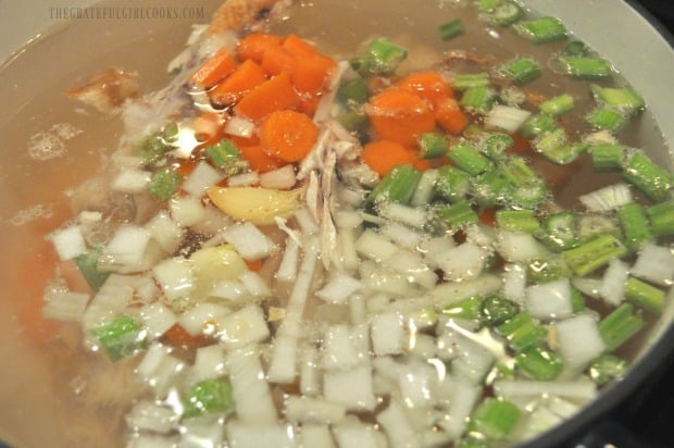 Celery, carrots, garlic and onion added to chicken in water, for chicken noodle soup.