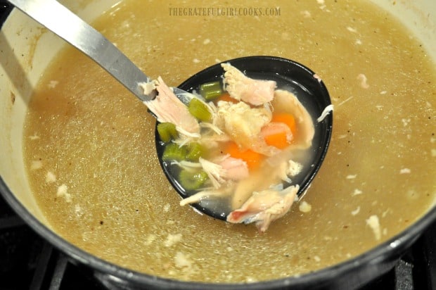 Holding a ladle full of chicken soup (without noodles)