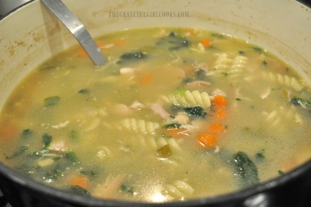 Spinach has been added to chicken noodle soup in pot.