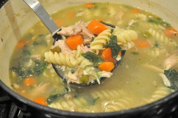 A ladle, full of the finished chicken noodle soup.