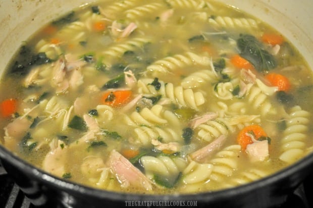 A big pot, full of homemade chicken noodle soup.