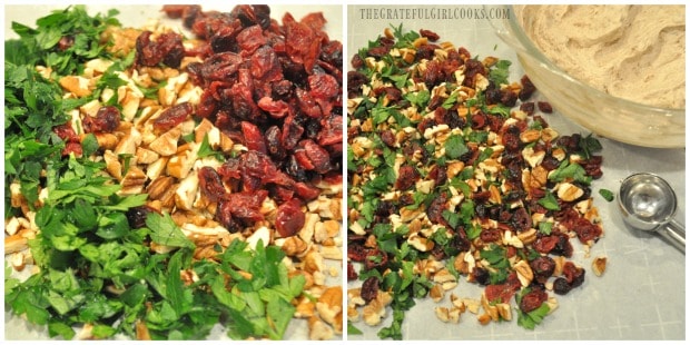 Chopped parsley, pecans, and dried cranberries are mixed to garnish cranberry pecan goat cheese bites.