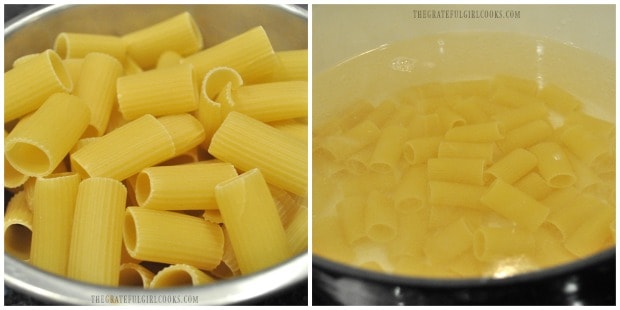 Cooking rigatoni for the fiesta chicken pasta casserole.