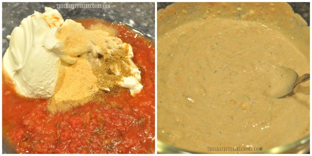 Mixing together the Southwestern sauce used in the fiesta chicken pasta casserole.