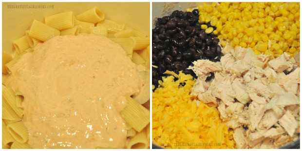Sauce, corn, black beans, cheese and chicken is added to the fiesta chicken pasta casserole.
