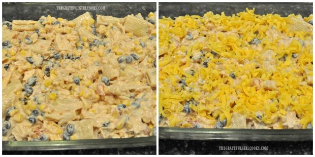 Fiesta Chicken Pasta Casserole is covered with grated cheese, then baked.