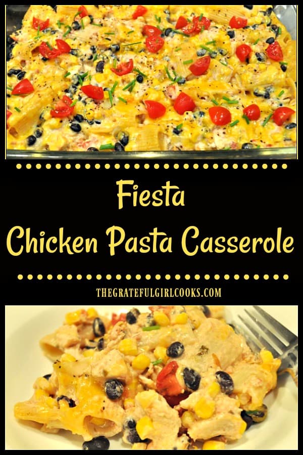 You'll love this easy Fiesta Chicken Pasta Casserole, with rigatoni, chicken breast, corn, black beans, and cheese, baked in a Southwestern flavored sauce!