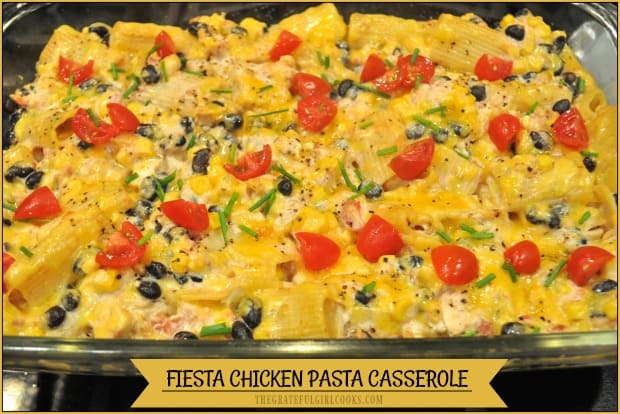 You'll love this easy Fiesta Chicken Pasta Casserole, with rigatoni, chicken, corn, black beans, and cheese, baked in a Southwestern flavored sauce!