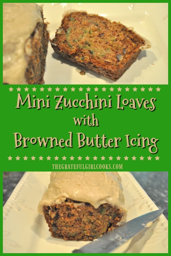 Mini zucchini loaves (with creamy browned butter icing) are a delicious treat or snack. This easy recipe makes 2 mini loaves, perfect for gift-giving!