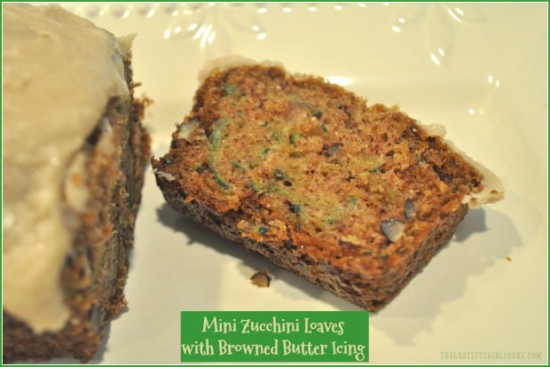 Mini zucchini loaves, with creamy browned butter icing are a delicious treat or snack. Easy recipe makes 2 mini loaves, perfect for gift-giving!